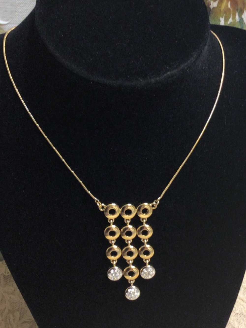 Gold-tone Geometric Bib Necklace/Choker Dangling Circular Discs Crystals